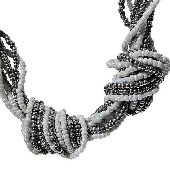 Elegant White Silver Seed Bead Multi Strand Knotted Necklace Fashion Jewelry - Picture 2 of 6